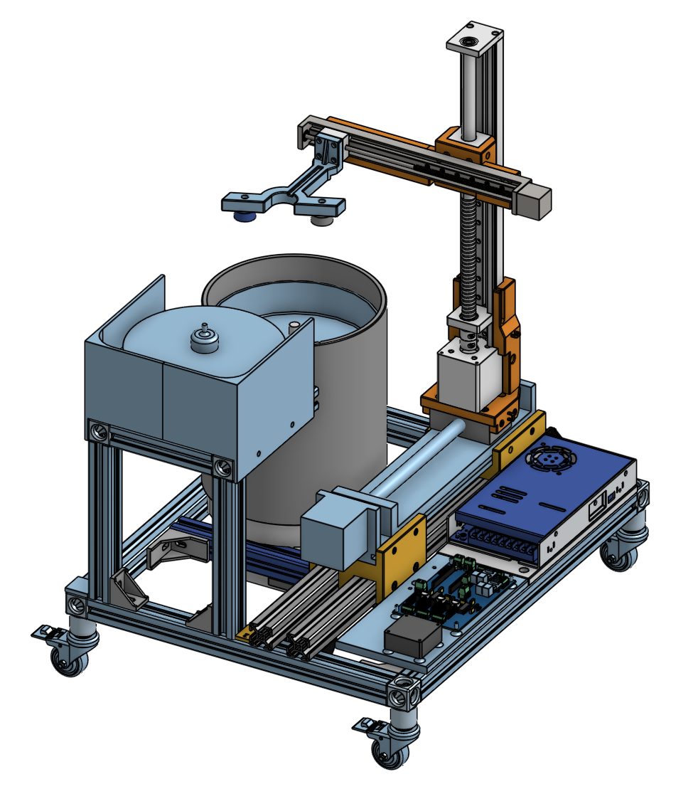 Isometric CAD view of the redesigned cutting machine and its Cartesian blade-changing mechanism