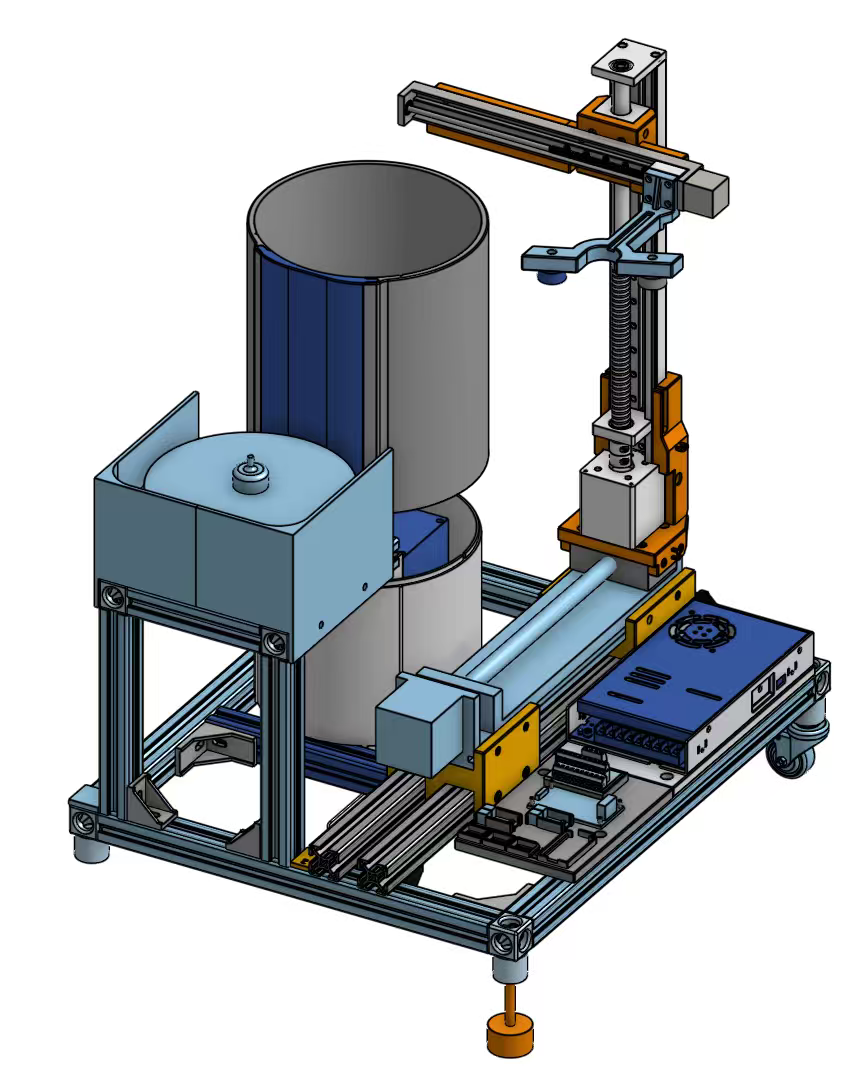 Isometric Onshape view of the redesigned cutting machine and its Cartesian blade-changing mechanism