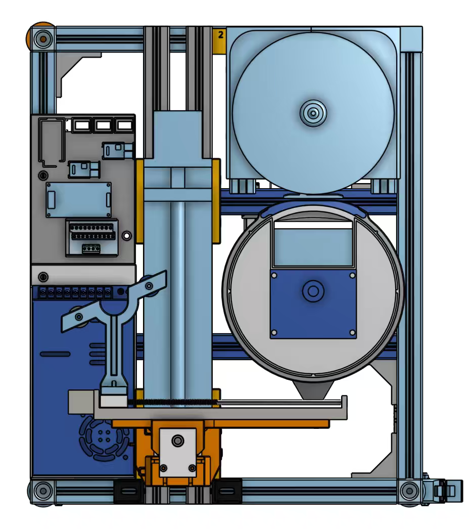 Top Onshape view of the redesigned cutting machine showing the blade-handling gantry, processor, electronics, and frame layout