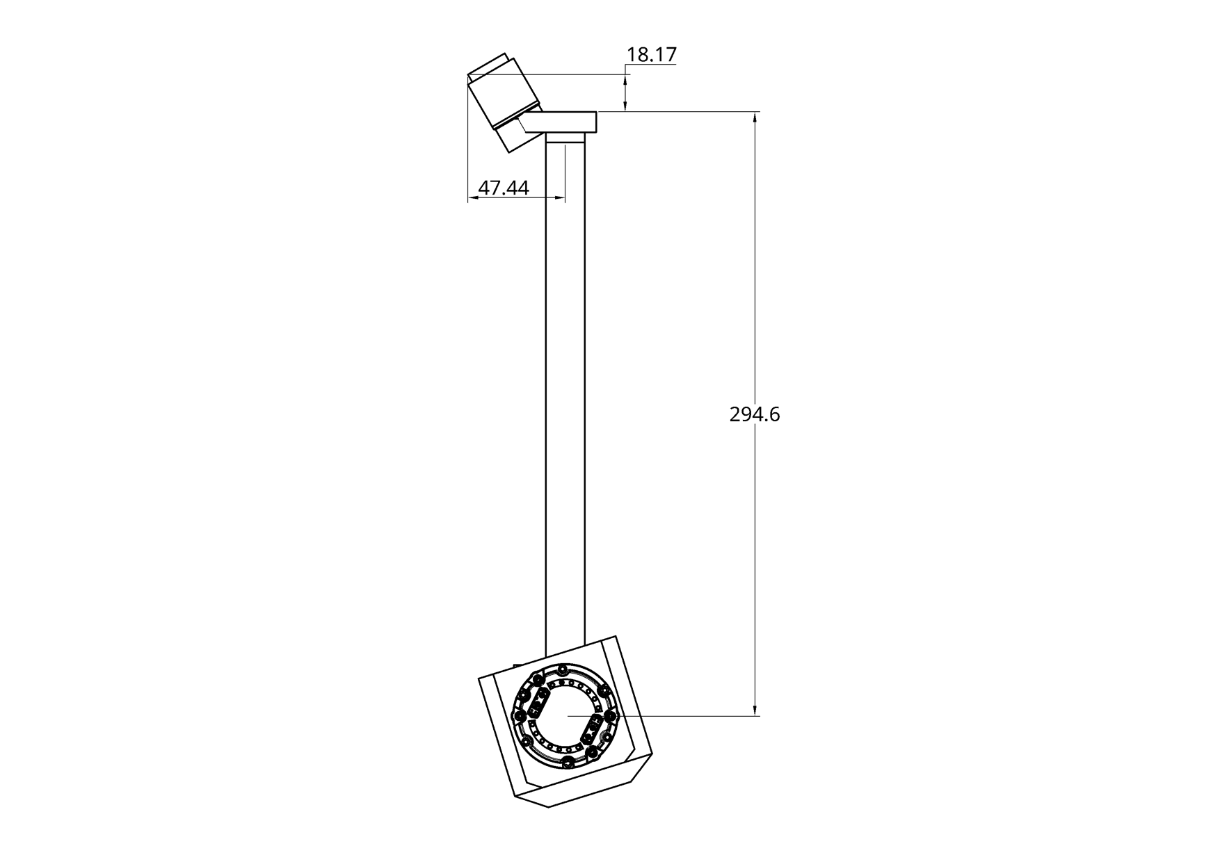 Engineering drawing of the peeling arm with axis offsets and blade-tip dimensions