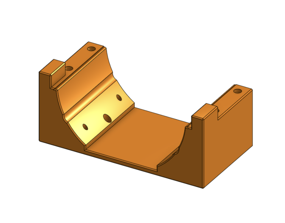 CAD model of a revised orange motor mount with machined tool access