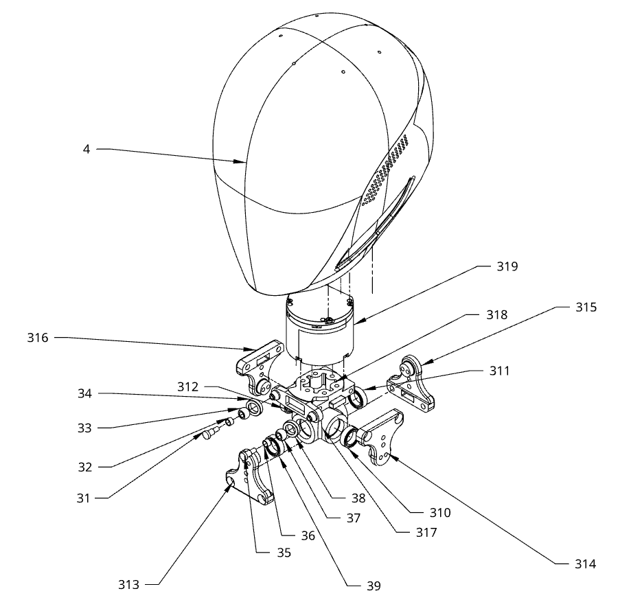 Exploded engineering drawing of the Zerith humanoid robot neck assembly